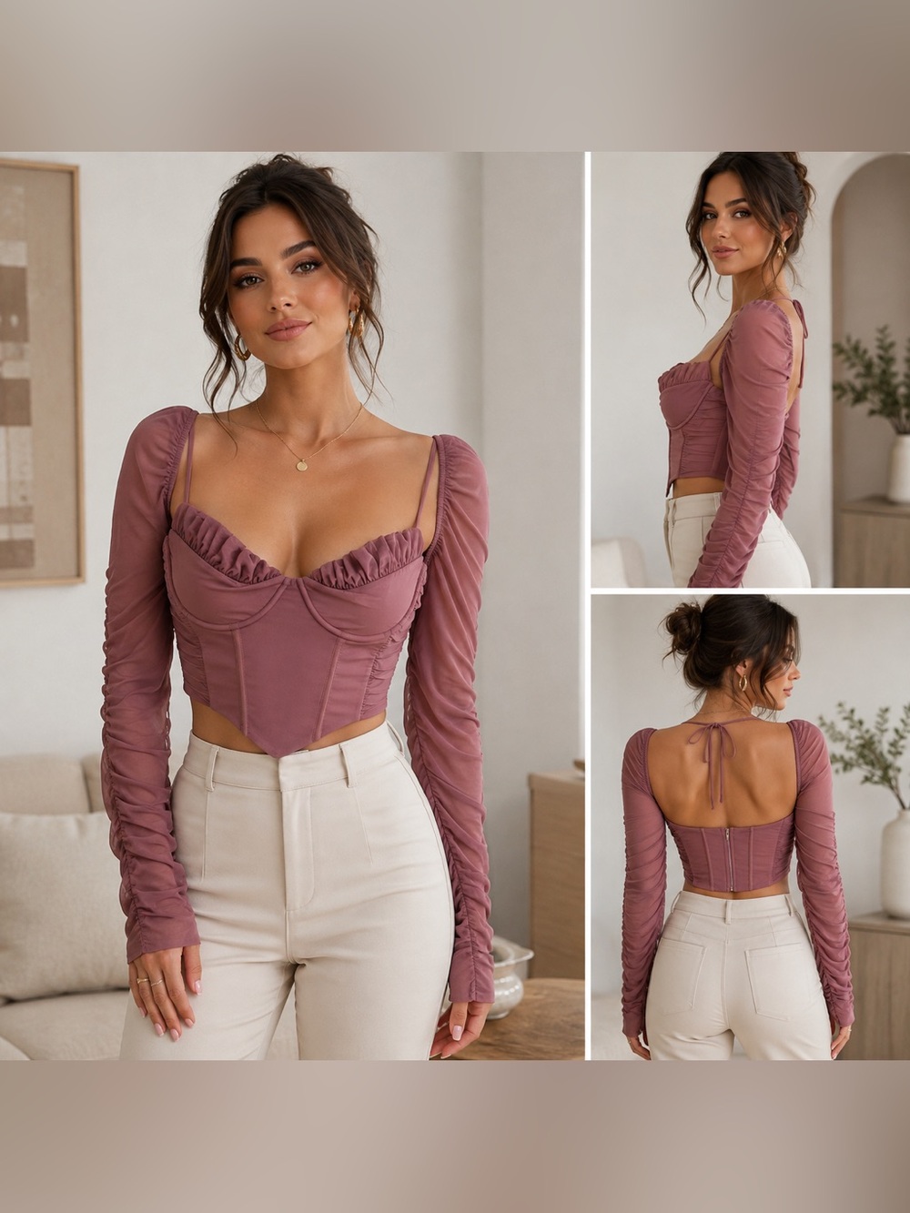 White Fox Mauve Corset Crop Top Women’s 2XL Ruched Mesh Long Sleeve NWT
